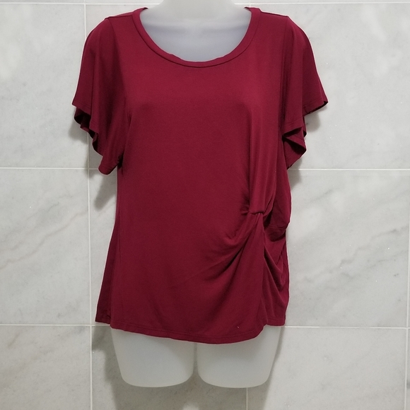 Slate & Willow Red Ruched Flutter Sleeve Top S - Picture 3 of 12